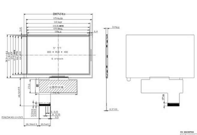 پنل لمسی 5.0 اینچ Tft ال سی دی 1000 نیت روشنایی بالا برای کاربردها و تجهیزات صنعتی