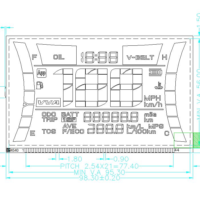 صفحه نمایش LCD سفارشی سرعت سنج موتور سیکلت 7 سگمنت Htn LCD Screen Transflective Motorcycle Speedometer سازنده سرعت سنج موتور سیکلت